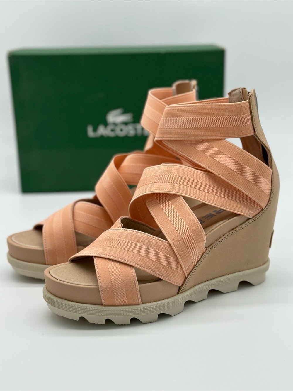Lacoste Peach Elastic Crossover Wedge Sandals